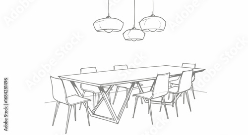Sketch of a contemporary dining set under pendant lighting with modern chairs