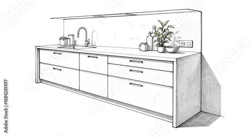 Sketch illustration showing minimalist kitchen with plants and kitchenware