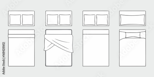 Collection of stylized line art illustrations depicting various bed arrangements and bedding styles from a top down view
