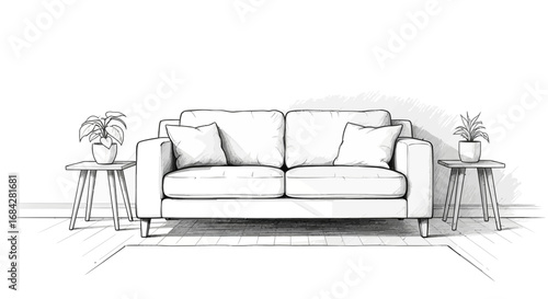 Sketch of a neutral living room with couch, tables, and plants
