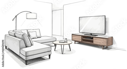 Sketch of cozy living room interior with modern furniture arrangement