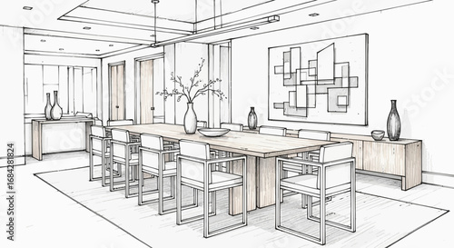Sleek dining room illustration with modern decor and linear sketching