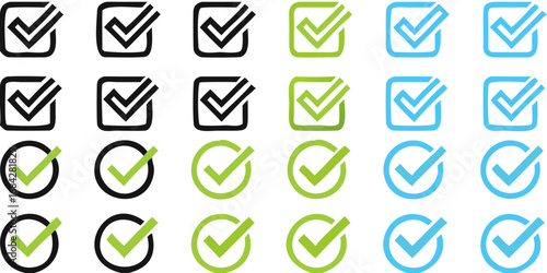 Collection of checkmark icons in square and circular shapes with green and blue colors on a black background