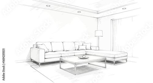 Sleek living room design with modern couch and minimal decorations illustration