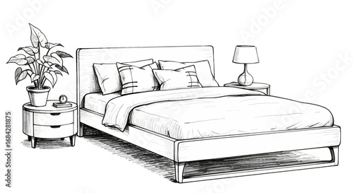 Stylish Bedroom Interior Sketch with Bedside Table and Decor Elements