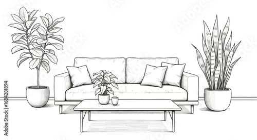 Sophisticated interior sketch showcases minimalist living room decor and plants