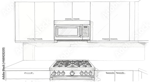 Stylized Kitchen Interior Illustration Featuring Modern Appliances and Cabinetry