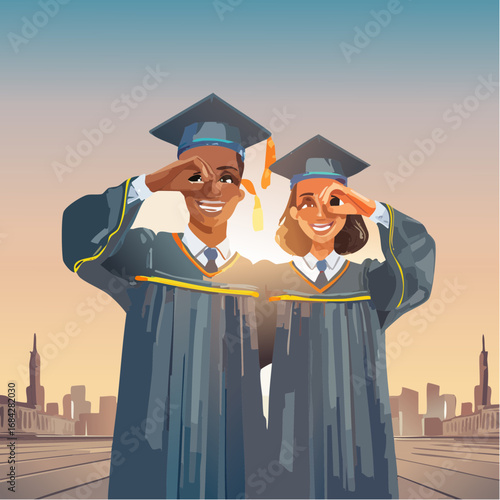 The Shared Dream. A cinematic, ultra-realistic photograph of two graduates, a man and a woman, standing side-by-side, looking towards the horizon with hopeful expressions.
