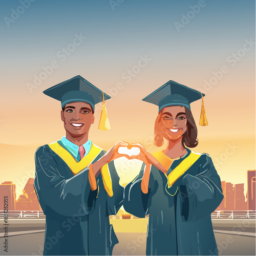 The Shared Dream. A cinematic, ultra-realistic photograph of two graduates, a man and a woman, standing side-by-side, looking towards the horizon with hopeful expressions.
