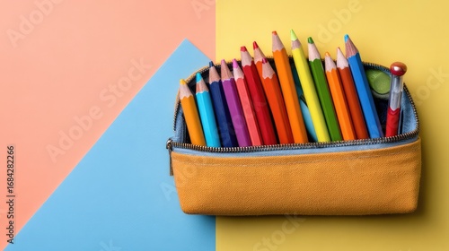 Stationery flat lay minimalist design with colorful pencil cases and plenty of colored pencils on bright flat background