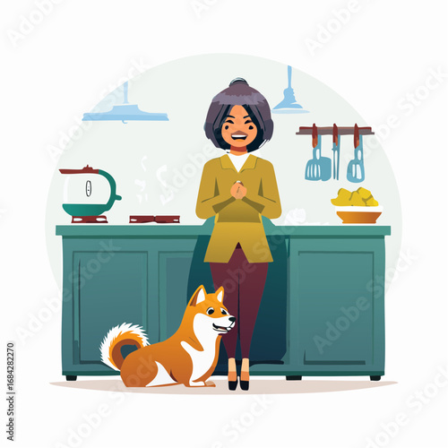 The Kitchen Helper. A fun, candid, ultra-realistic photograph of a young Asian woman in her modern kitchen, with her cute Shiba Inu dog sitting patiently by her feet.
