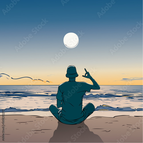 The Last Light. A moody, ultra-realistic photograph of a lone traveler sitting on the sand during the blue hour, just after the sun has set.
