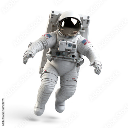 A astronaut in space suit with American flag patches on arms, floating in zero gravity.