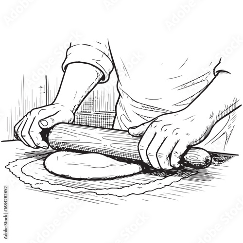 hand drawn chef illustration of hand holding rolling pin outline sketch