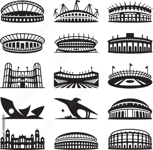 Collection of black and white stadium and architectural landmark icons arena sports venue