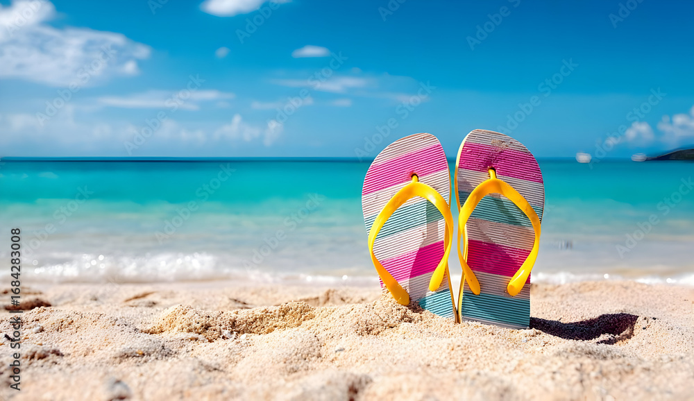 Obraz premium Colorful flip-flops on sandy beach with turquoise water and clear blue sky creating a vibrant summer vibe.