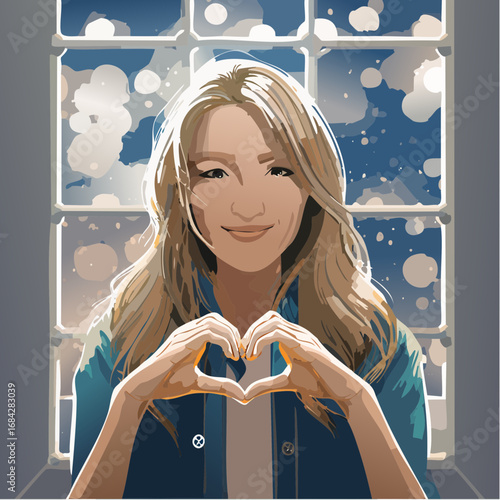 The City's Reflection. An artistic, ultra-realistic portrait of a young Korean woman making a finger heart, with her face and the gesture reflected in the glass window of a modern building at night.
