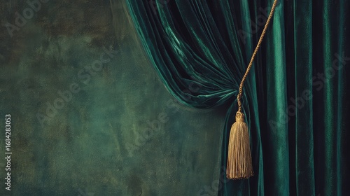 Deep emerald green velvet curtains with green tassels