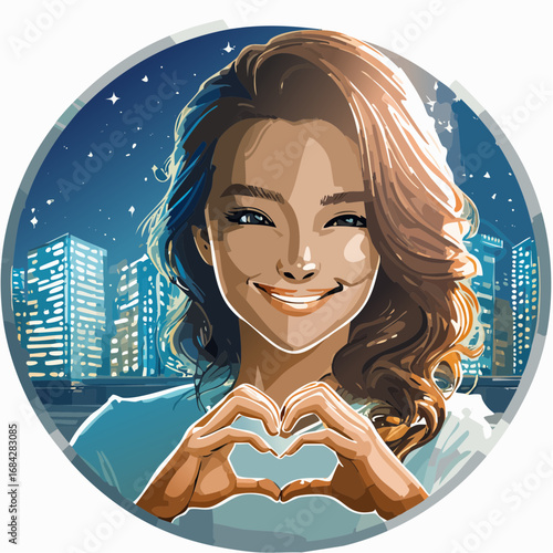 The City's Reflection. An artistic, ultra-realistic portrait of a young Korean woman making a finger heart, with her face and the gesture reflected in the glass window of a modern building at night.
