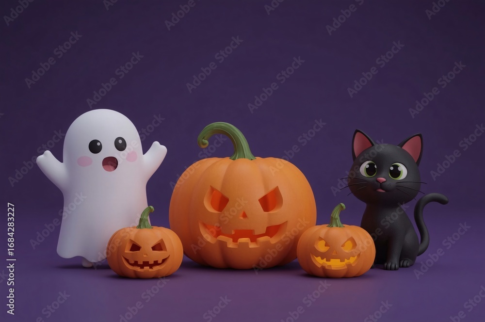 Obraz premium Cute Halloween Ghost, Cat, Pumpkins on Purple