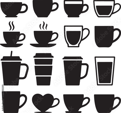 Collection of black silhouette coffee cups and mugs on white background hot drink beverage