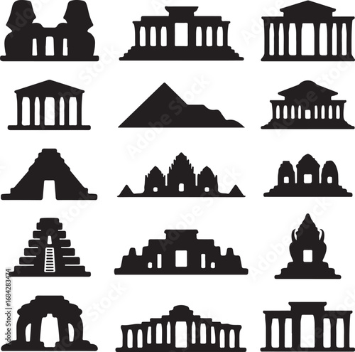Diverse collection of black silhouette ancient architectural structures on white background