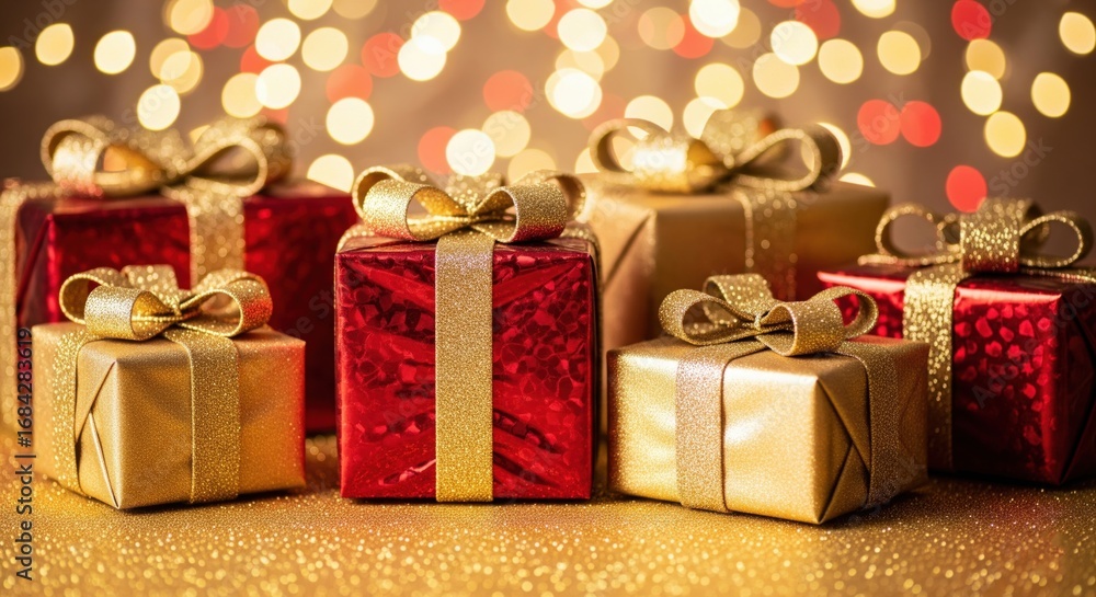 Obraz premium Festive Gifts: Captivating image of beautifully wrapped presents, adorned with golden ribbons. It's a visual treat that brings to mind the joy and warmth of special moments and events.