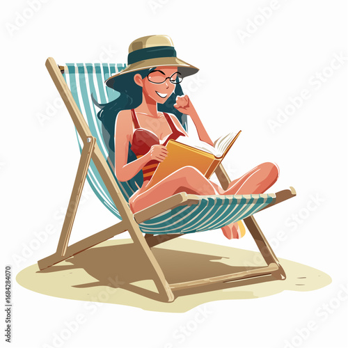 A Book and a Breeze. An ultra-realistic photograph of a woman sitting in a generic, comfortable beach chair, reading a book with a generic, blank cover.
