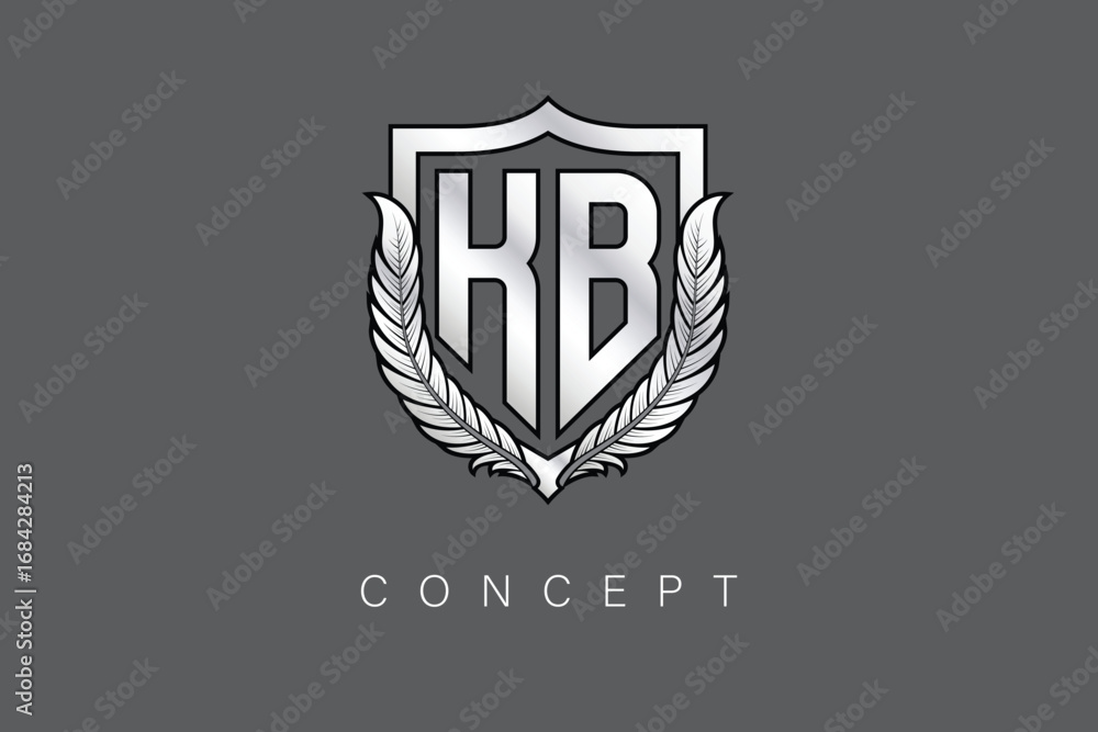 Fototapeta premium KB Creative Initial Letter Logo with Shield and Laurel Wreath Silver Metallic Branding Emblem on Gray Background.