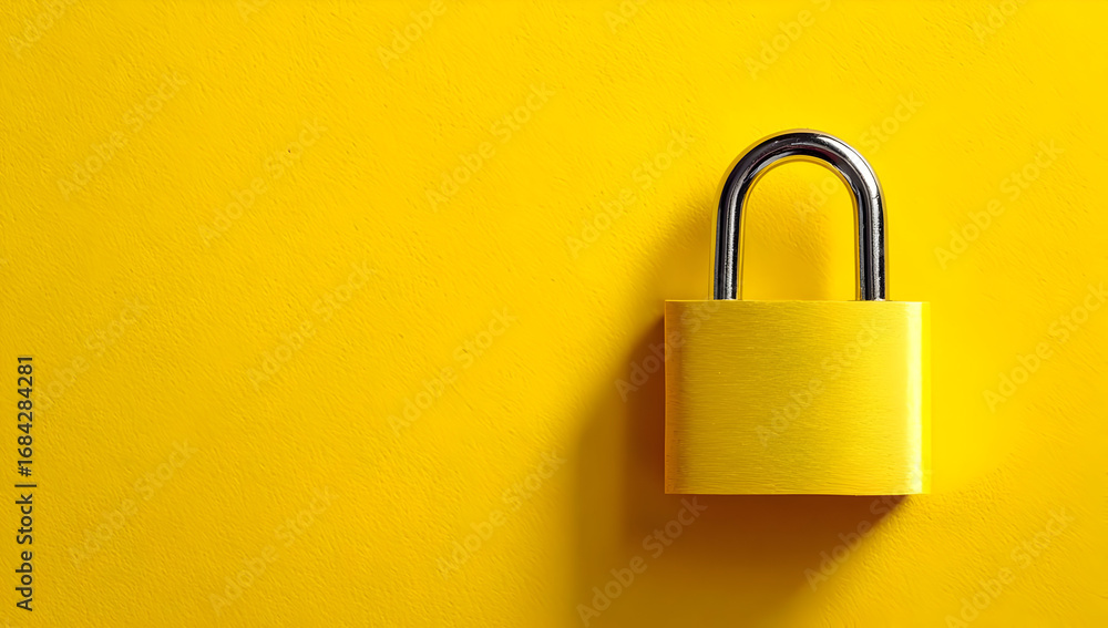 Fototapeta premium A vibrant yellow padlock on a bright yellow background symbolizes security and safety in a minimalist design.