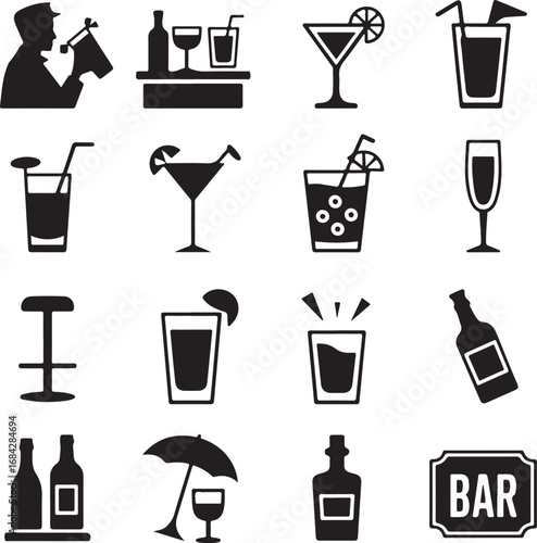 Bar and drink icons featuring cocktails bottles and a bar stool beverage silhouette