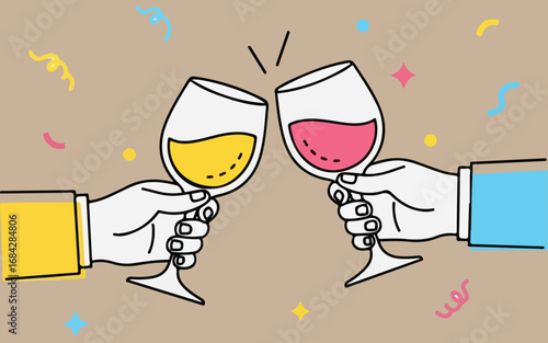 Hands clinking wine glasses in celebration with confetti