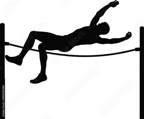Silhouette of male athlete performing high jump over bar, sports competition, athletic movement, track and field event, fitness concept.