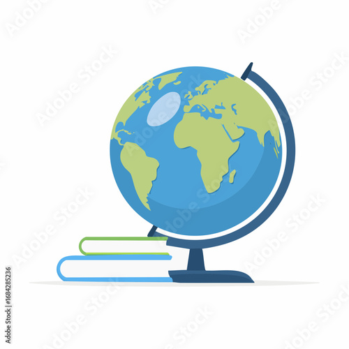 Flat Vector Illustration of a Globe on Stand with Books, Education Theme, Isolated on White Background