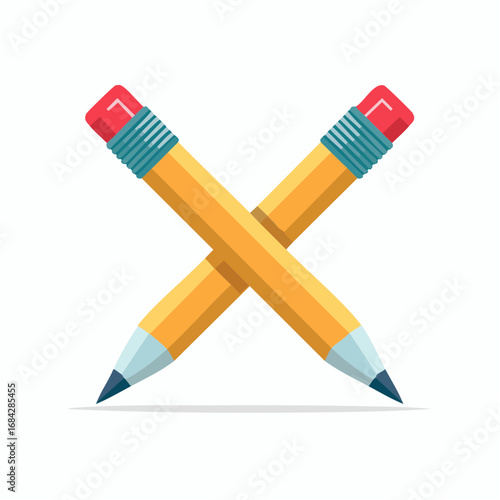 Flat Vector Illustration of Two Crossed Yellow Pencils, Simple Design, Isolated on White Background
