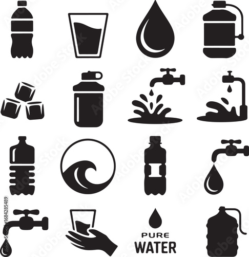 Water icons collection with bottles glasses drops and taps water bottle drinking glass