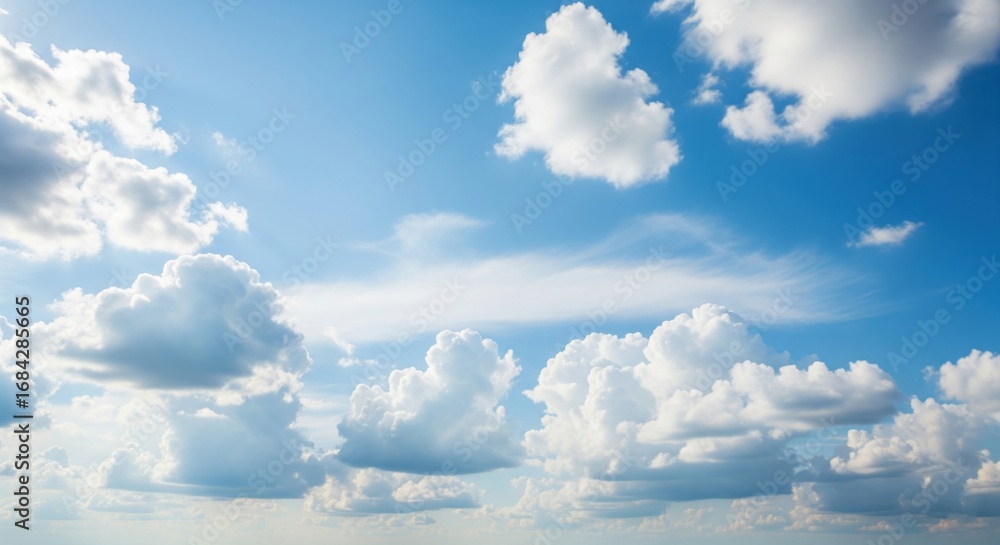 Fototapeta premium Cloudscape: A pristine canvas of a clear azure sky, adorned with fluffy white clouds. Capturing a sense of tranquility and the boundless expanse of the atmosphere.