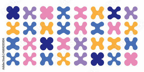 Colorful abstract shapes arranged in a repeating pattern on a white background