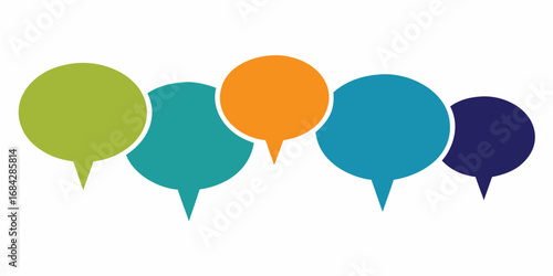 Five colorful speech bubbles arranged in a row on a white background for communication concepts