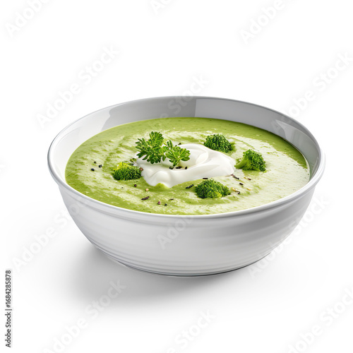 A bowl of green broccoli soup with a dollop of sour cream and garnished with fresh parsley.