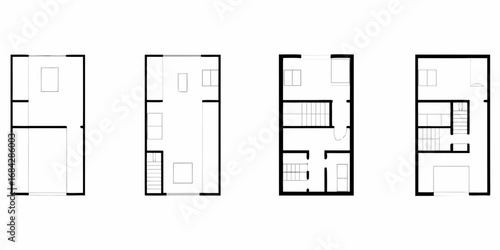 Architectural floor plan designs showing different layouts of multi level homes with stairs and rooms
