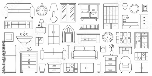 Collection of outline furniture and home decor items for interior design