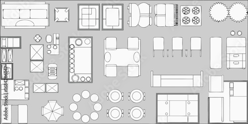 Top down view of various furniture pieces and household items in a schematic layout