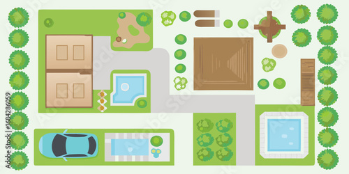 Top view illustration of a modern house with swimming pools garden car and outdoor living space