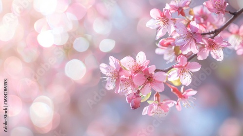 A branch of cherry blossoms with pink flowers against a blurred background.