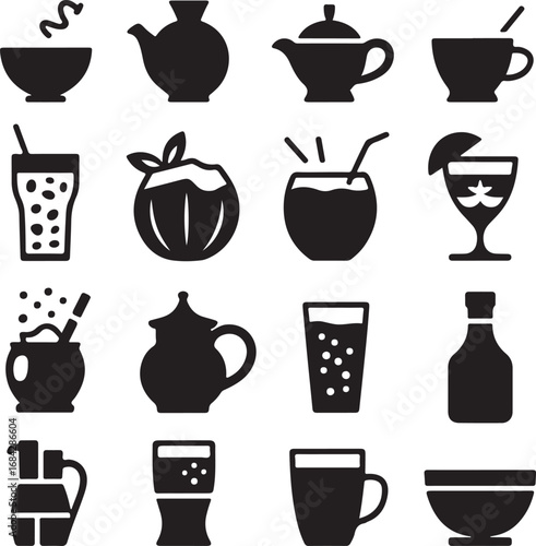 Assortment of beverage and drink icons in black silhouette coffee