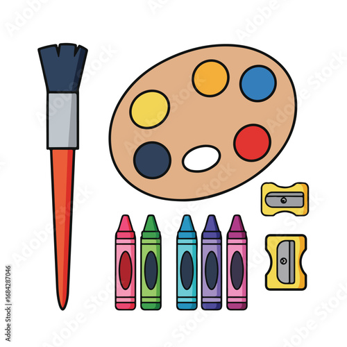 Art supplies including a paintbrush palette crayons and pencil sharpeners