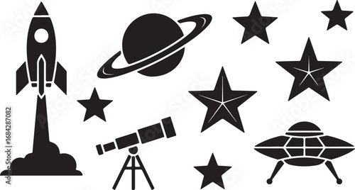 Vector art of space exploration elements with rocket, planet and stars isolated on white