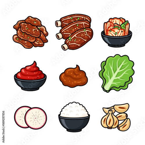 Korean BBQ Set Traditional Food Icons.