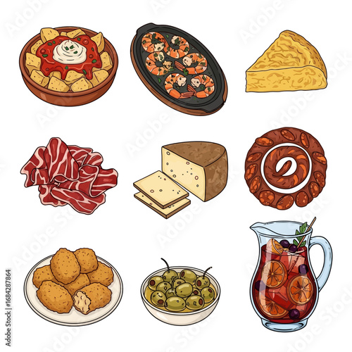 Spanish Tapas Set Food Illustration.